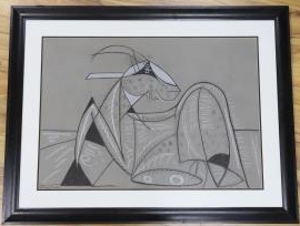 Diennet, charcoal and chalk, Cubist study of a gazelle, signed and numbered 202, 58 x 82cm. Condition - fair to good